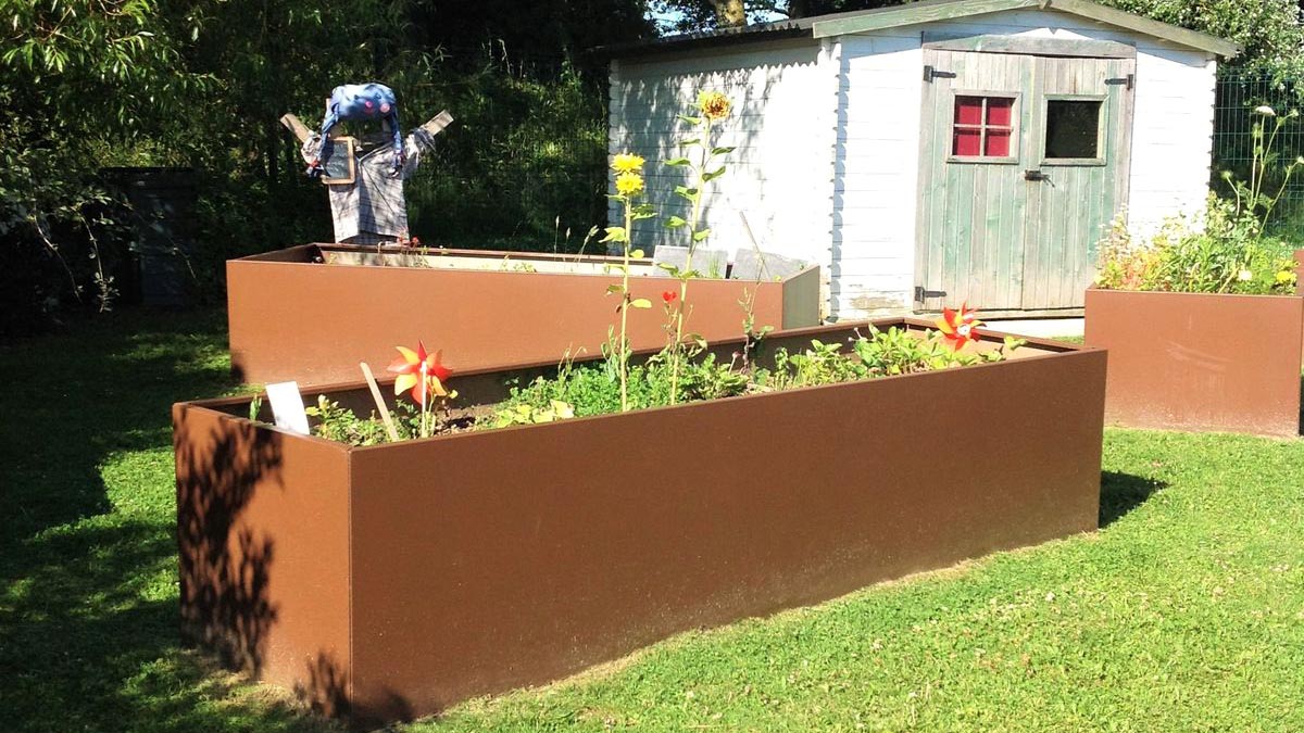 Bac de jardin en acier corten de forme rectangulaire assez long avec une pelouse et une cabane de jardin en arrière plan