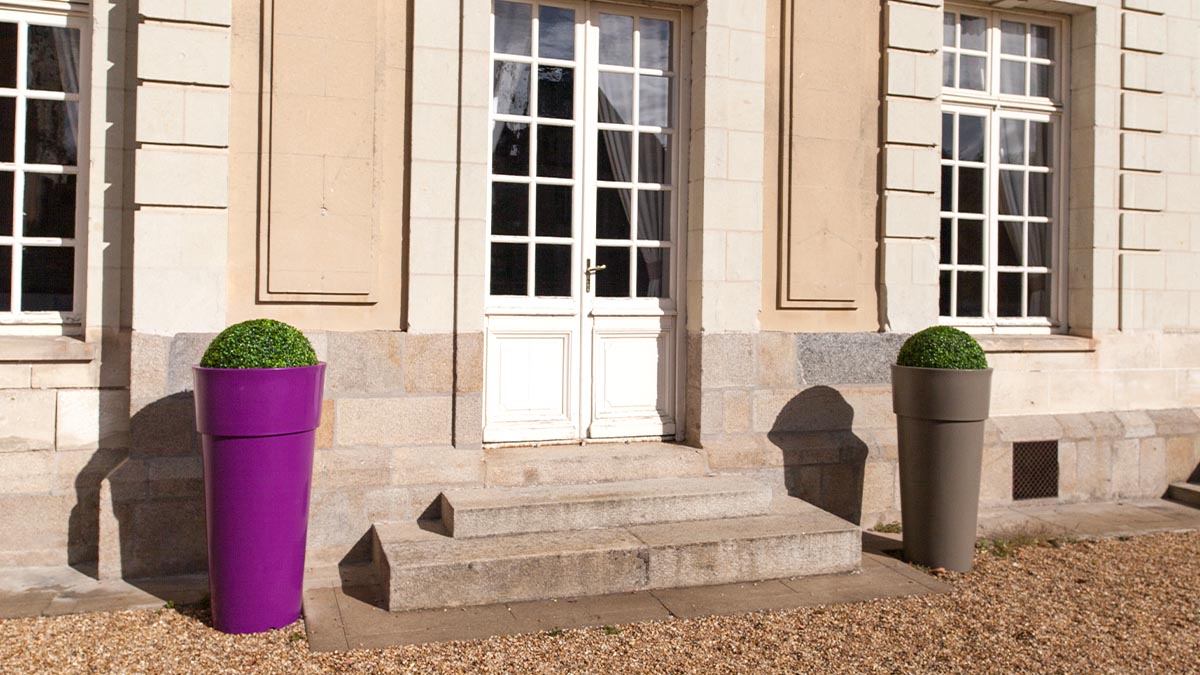 de part et d'autre d'un escalier 2 marches, une façade en pierre de ta&ille, deux grands pots de fleurs en plastiques, l'un violet, l'autre noir