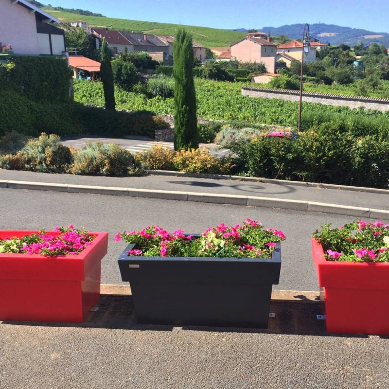 Trois jardinières en plastique de grande taille sur un trottoir, une noire au centre, deux noires de part et d'autre avec des fleurs plantées